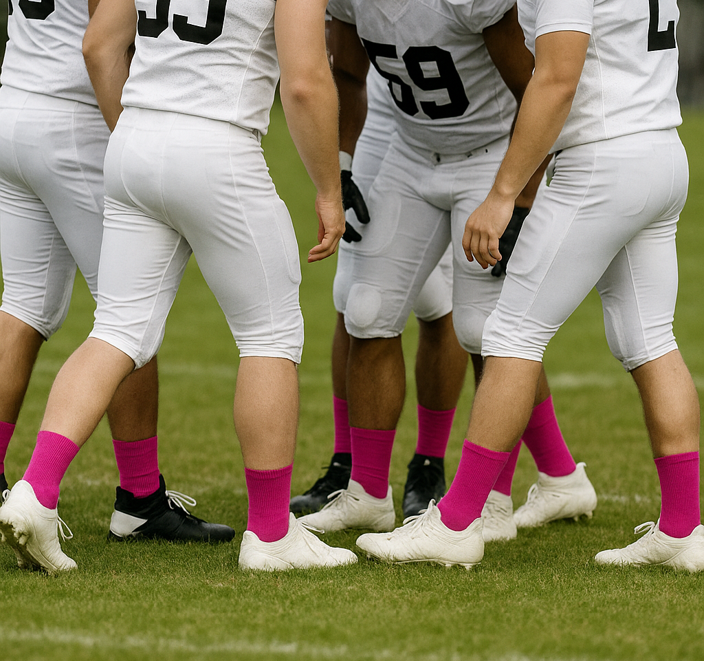Group of football players in white uniforms on a field